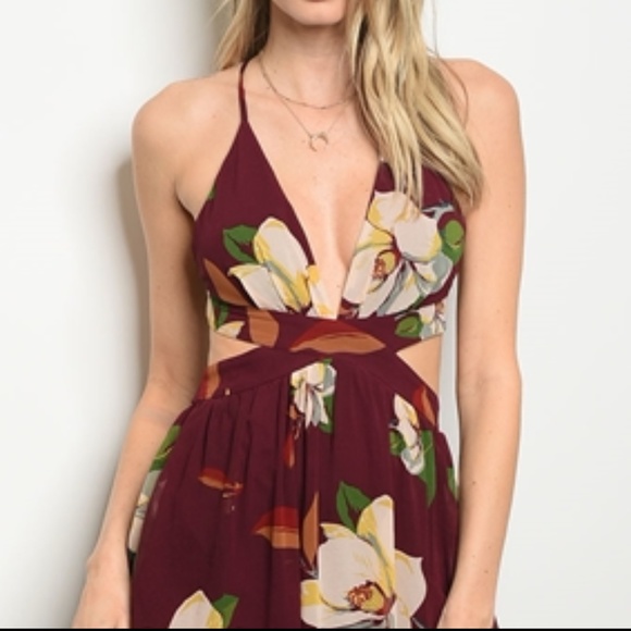 LAST 1 BURGUNDY FLORAL PRINT MAXI DRESS - Picture 3 of 4
